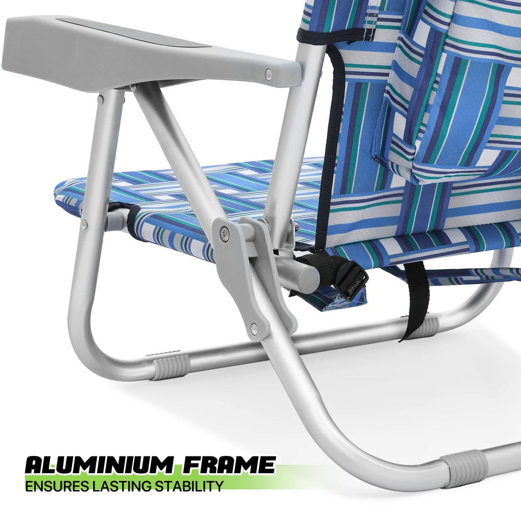 Blue Stripes Folding Beach Chairs Set of 2 with Side Pocket Y732773