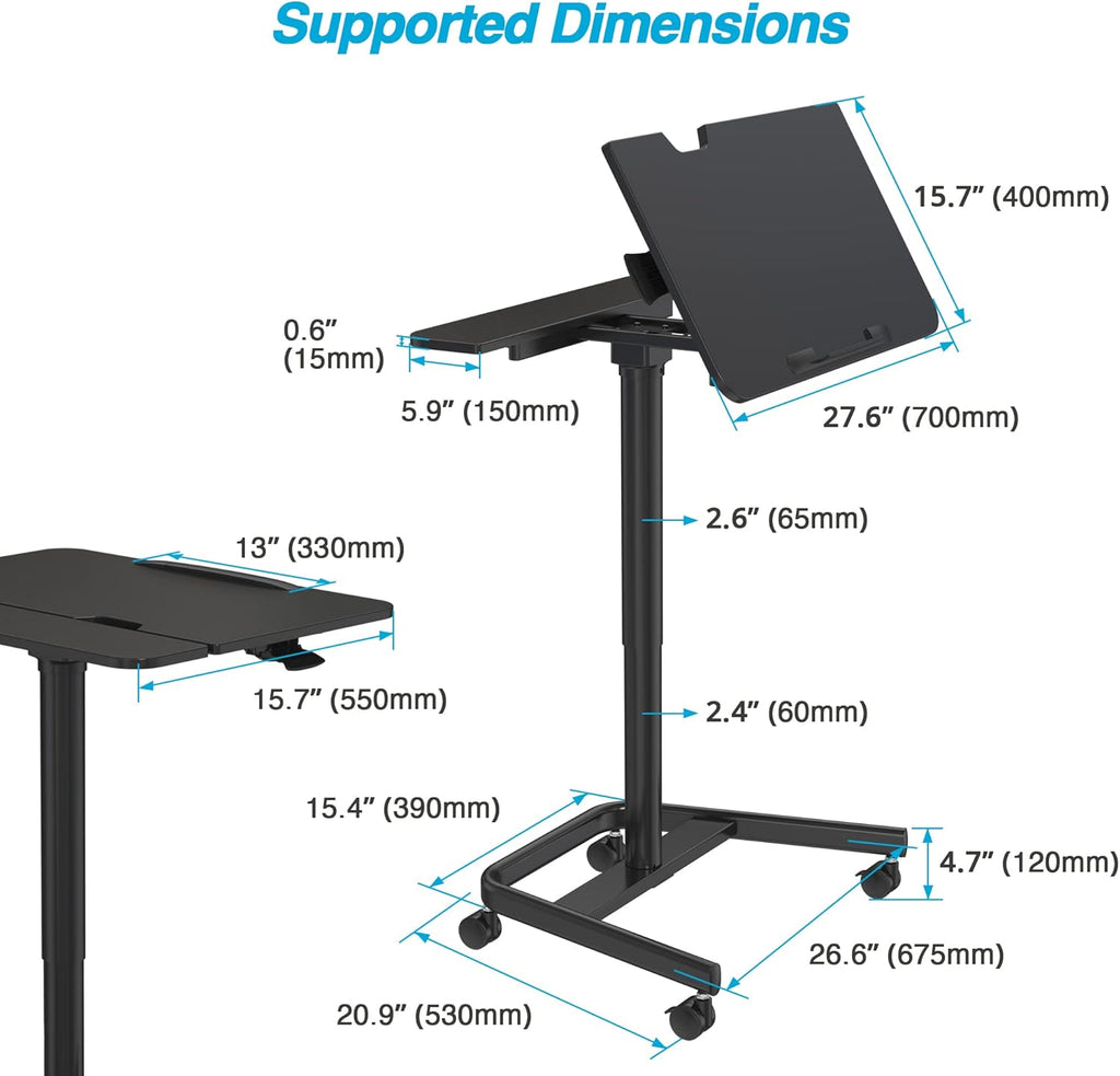 Black Mobile Standing Desk with Split Top Tilting Tray and Brake Casters D860