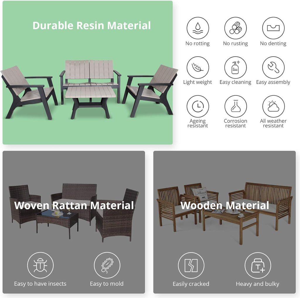 4 Pieces Resin Outdoor Furniture Set with Loveseat, 2 Chairs, Coffee Table L6137