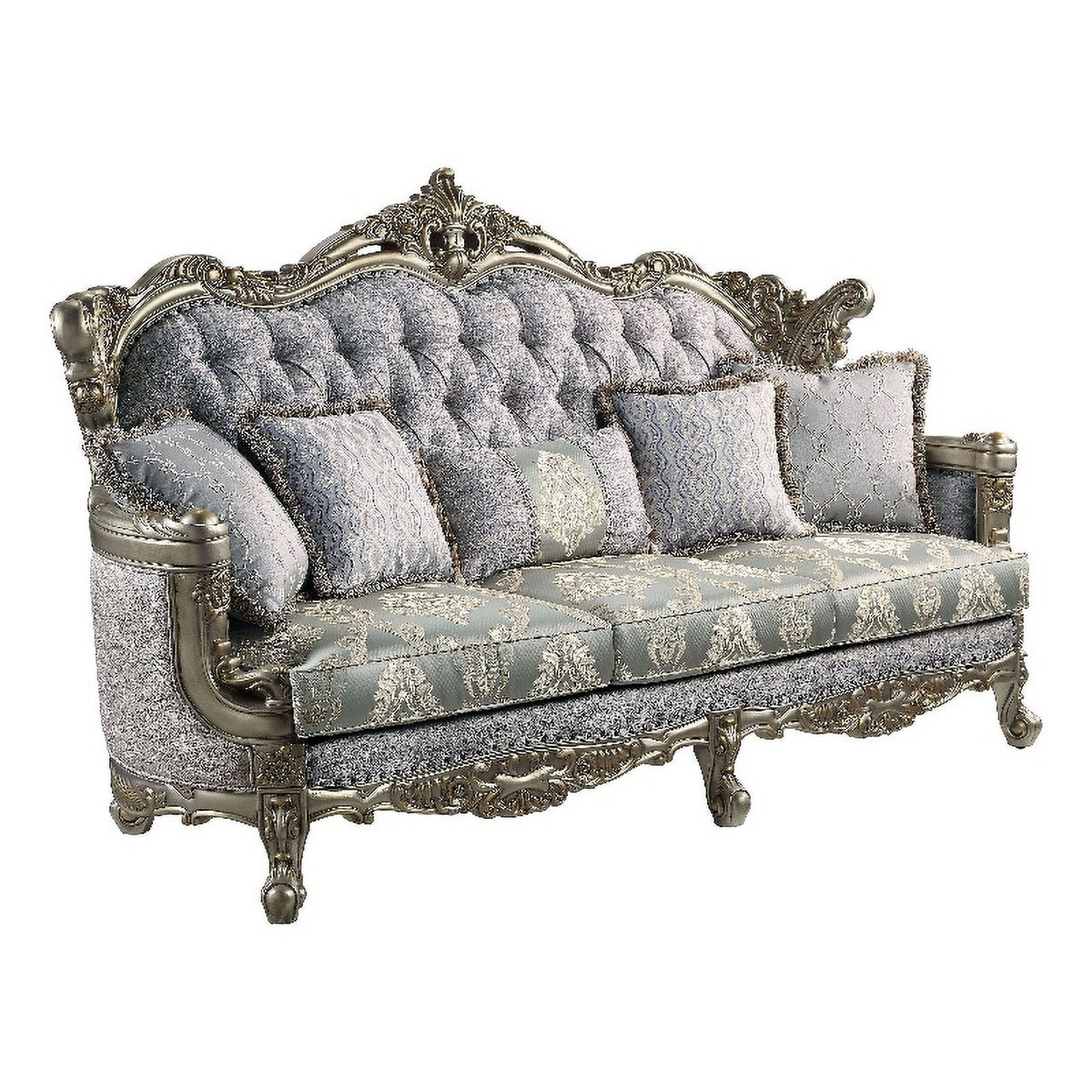 Tufted Fabric & Wood Sofa with 5 Pillows in Gray/Bronze X206