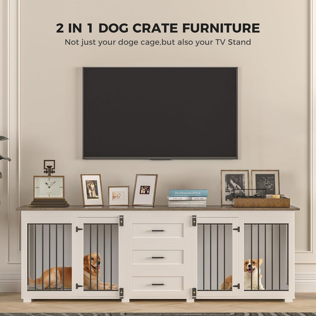 White Wooden Double Dog Kennel with 3 Drawers H60639