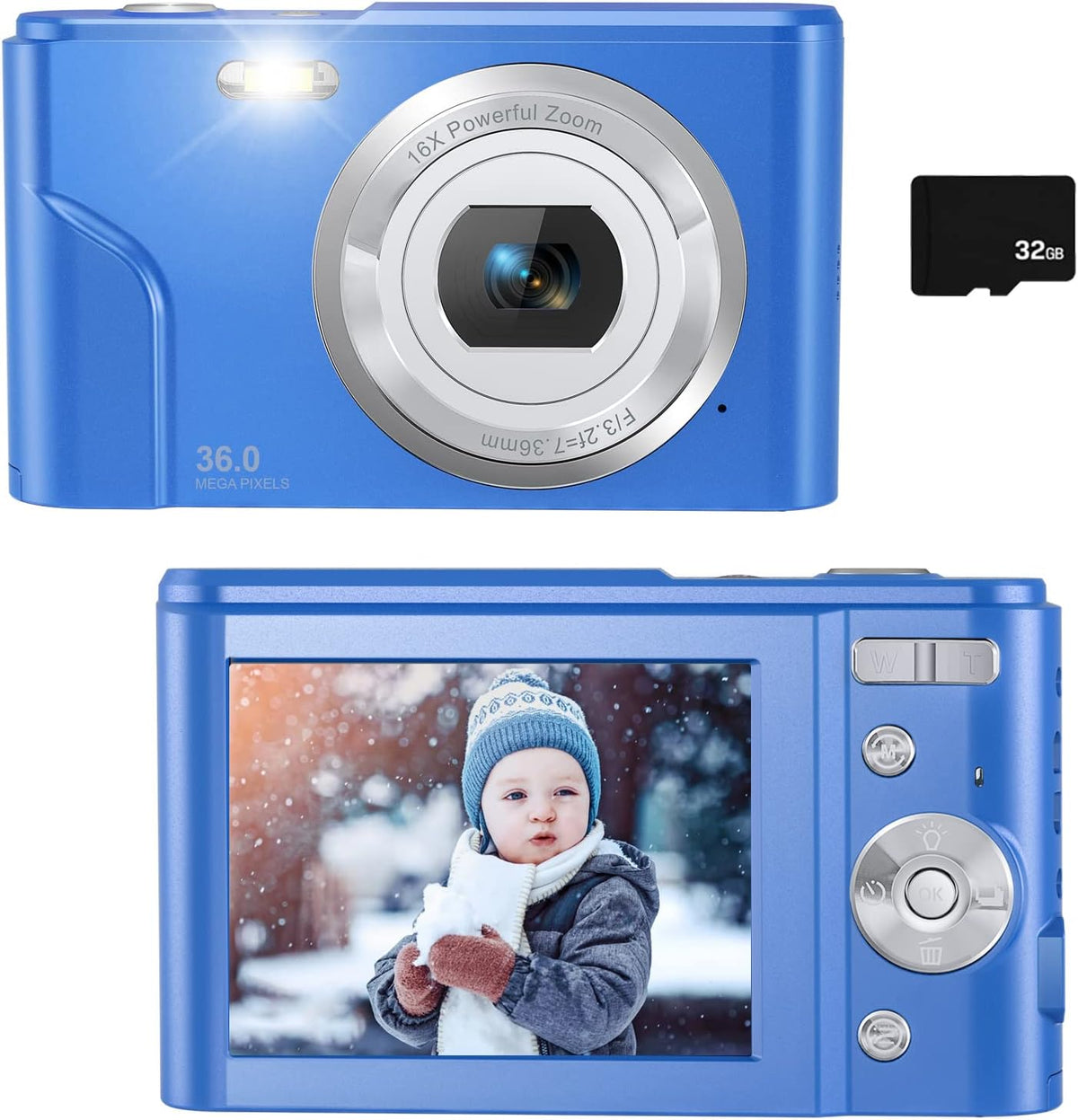 Light Blue 36MP Full HD 1080P Rechargeable Kids Camera with 32GB SD Card Z60115