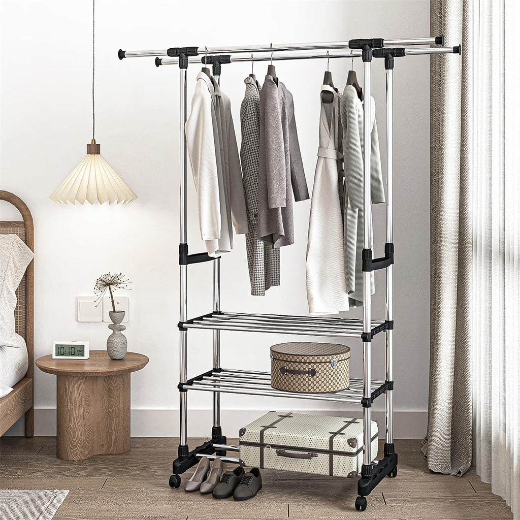 Adjustable Garment Rack with 2 Tier Metal Shelf, Rolling Clothes Organizer Q666191