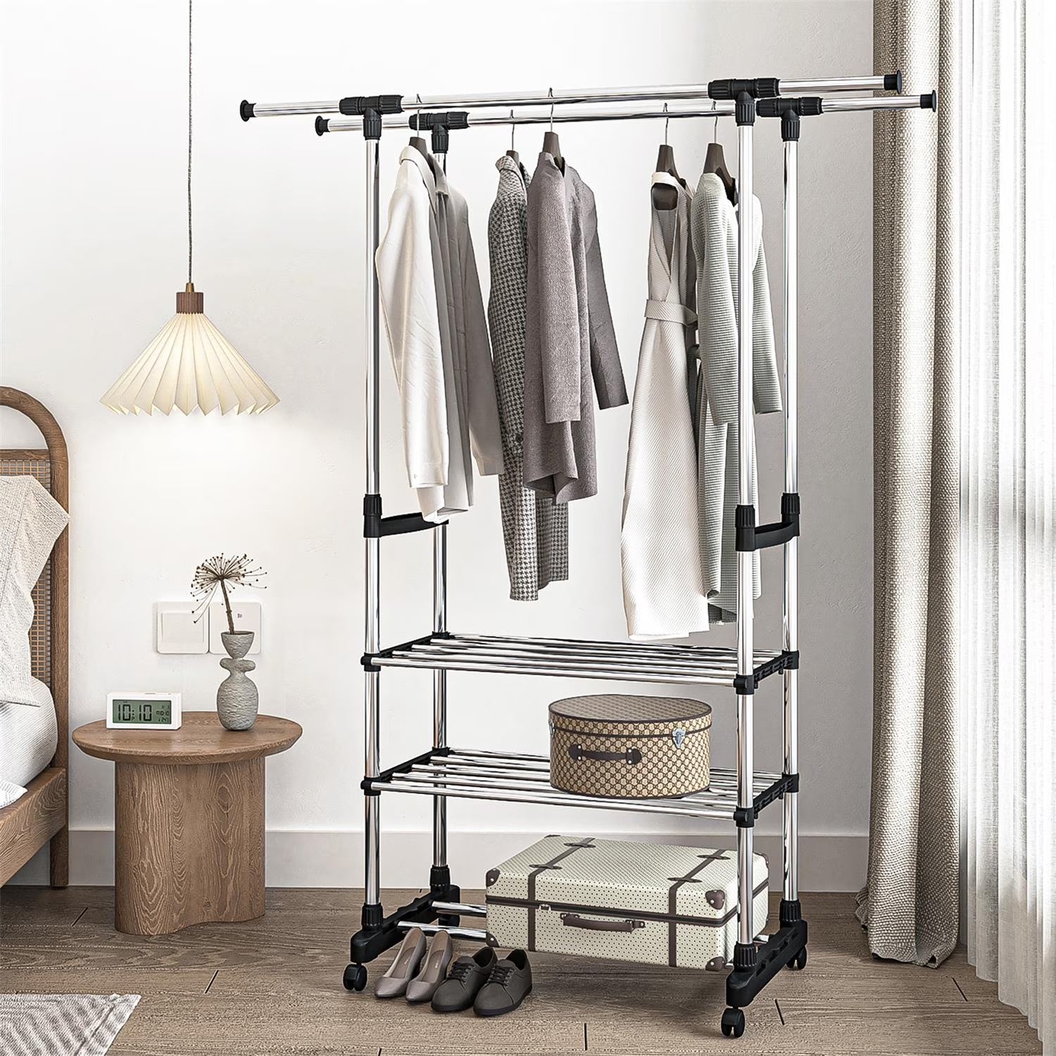 Adjustable Garment Rack with 2 Tier Metal Shelf, Rolling Clothes Organizer Q666191