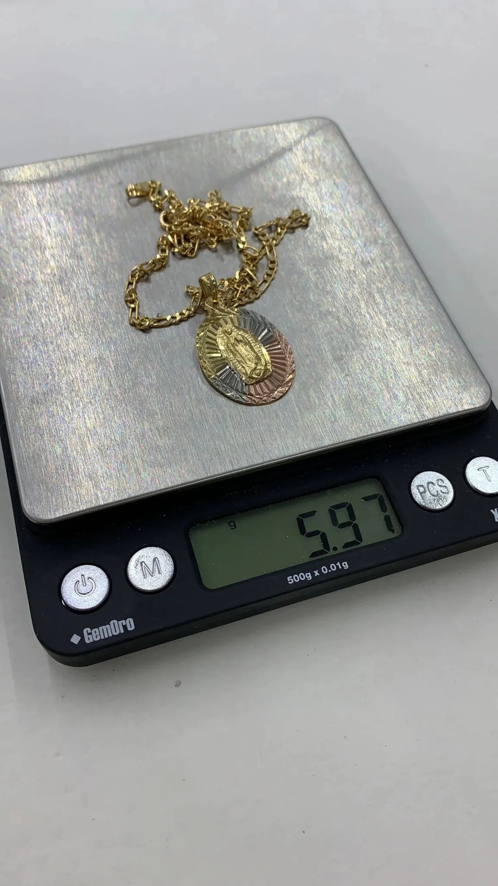 Tri Color Diamond Cut Virgen de Guadalupe Pendant Necklace Figaro Chain 20" Gold Filled O434176