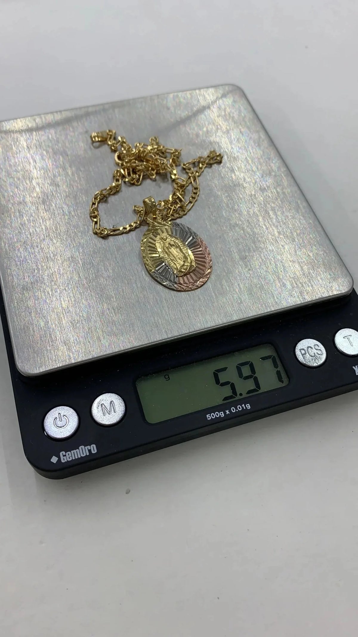 Tri Color Diamond Cut Virgen de Guadalupe Pendant Necklace Figaro Chain 20" Gold Filled O434176