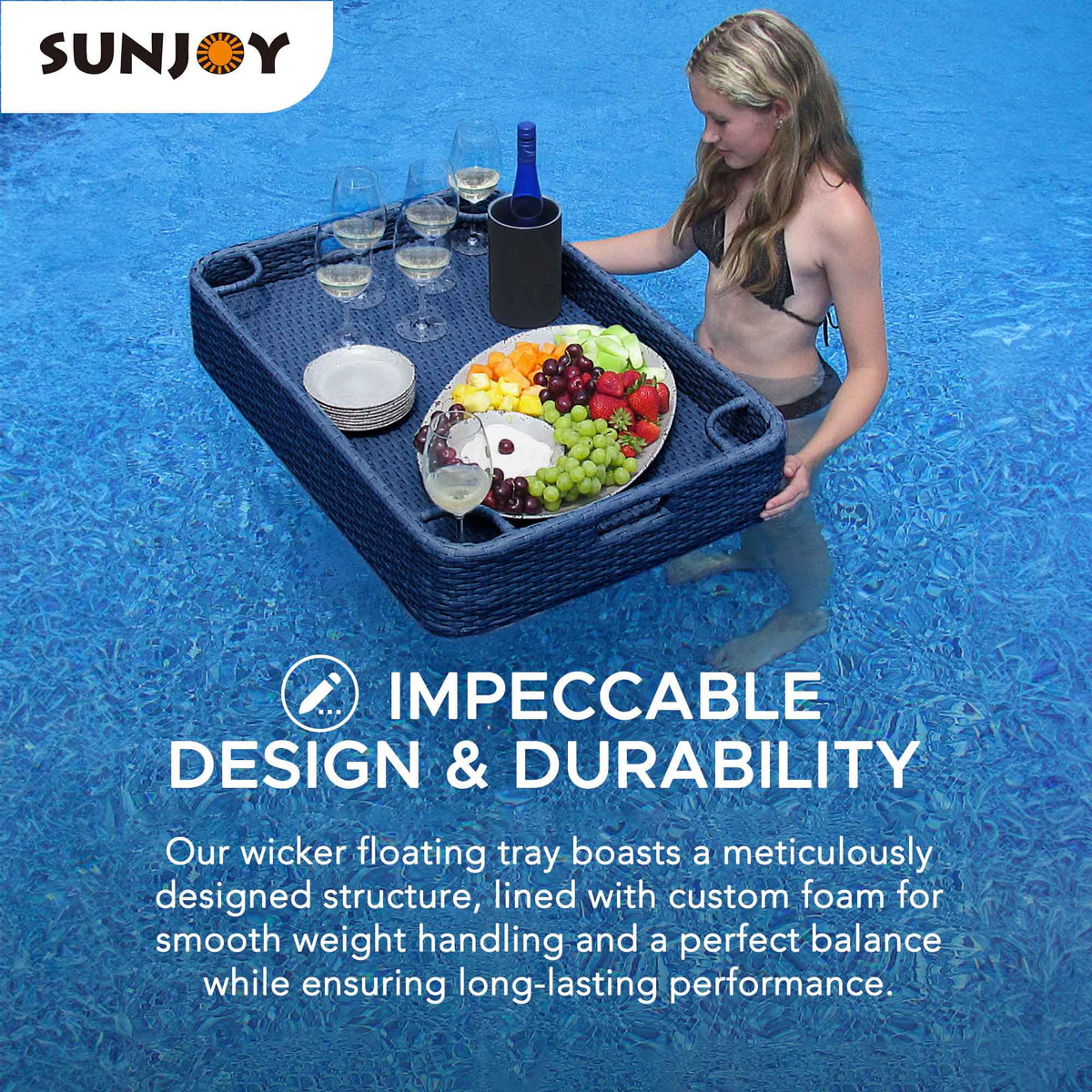 Navy Wicker Floating Pool Tray with Aluminum Frame S1868