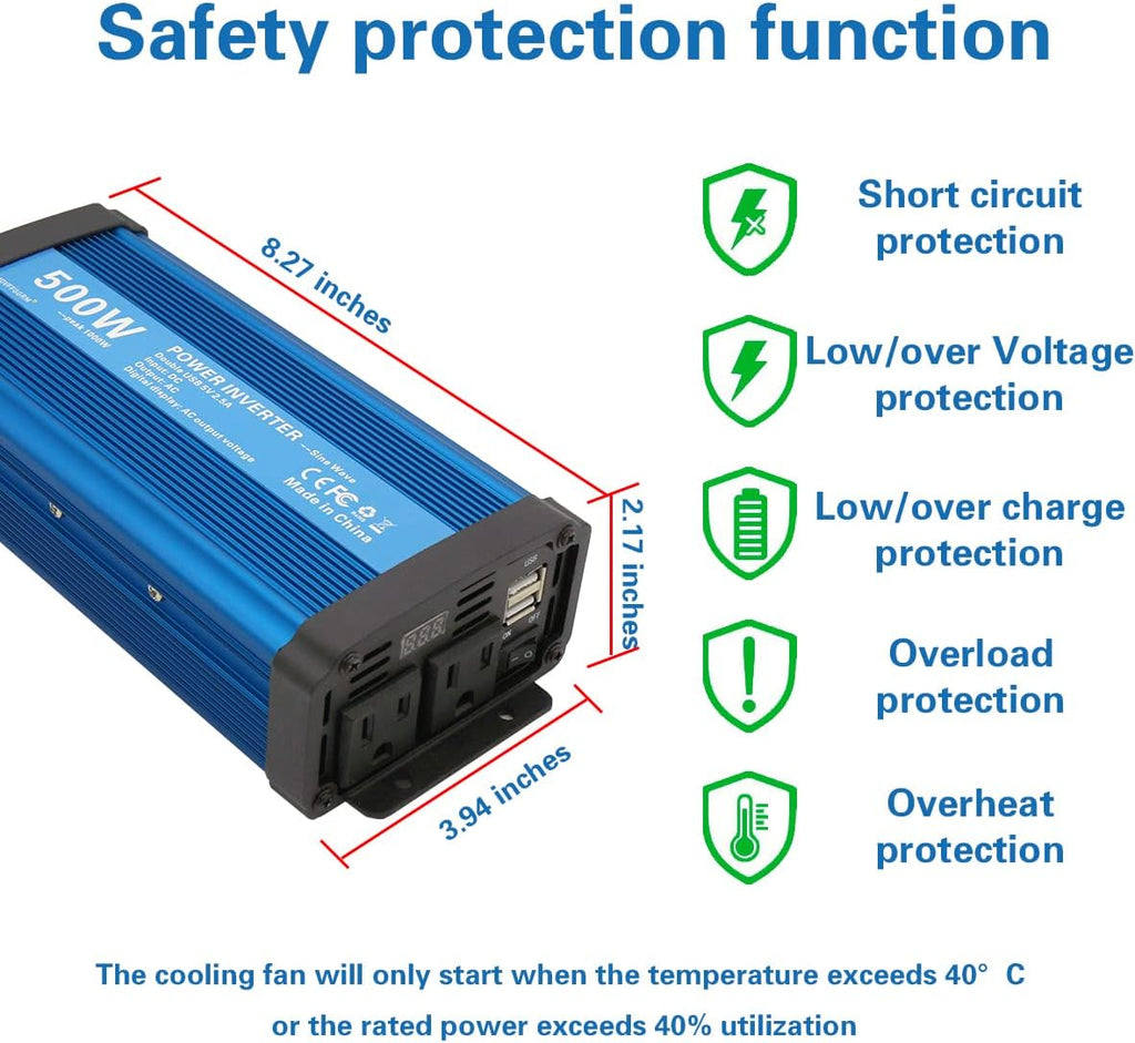 500W Pure Sine Wave Power Inverter DC 12V to 110V AC with 2.4A Dual USB W6241