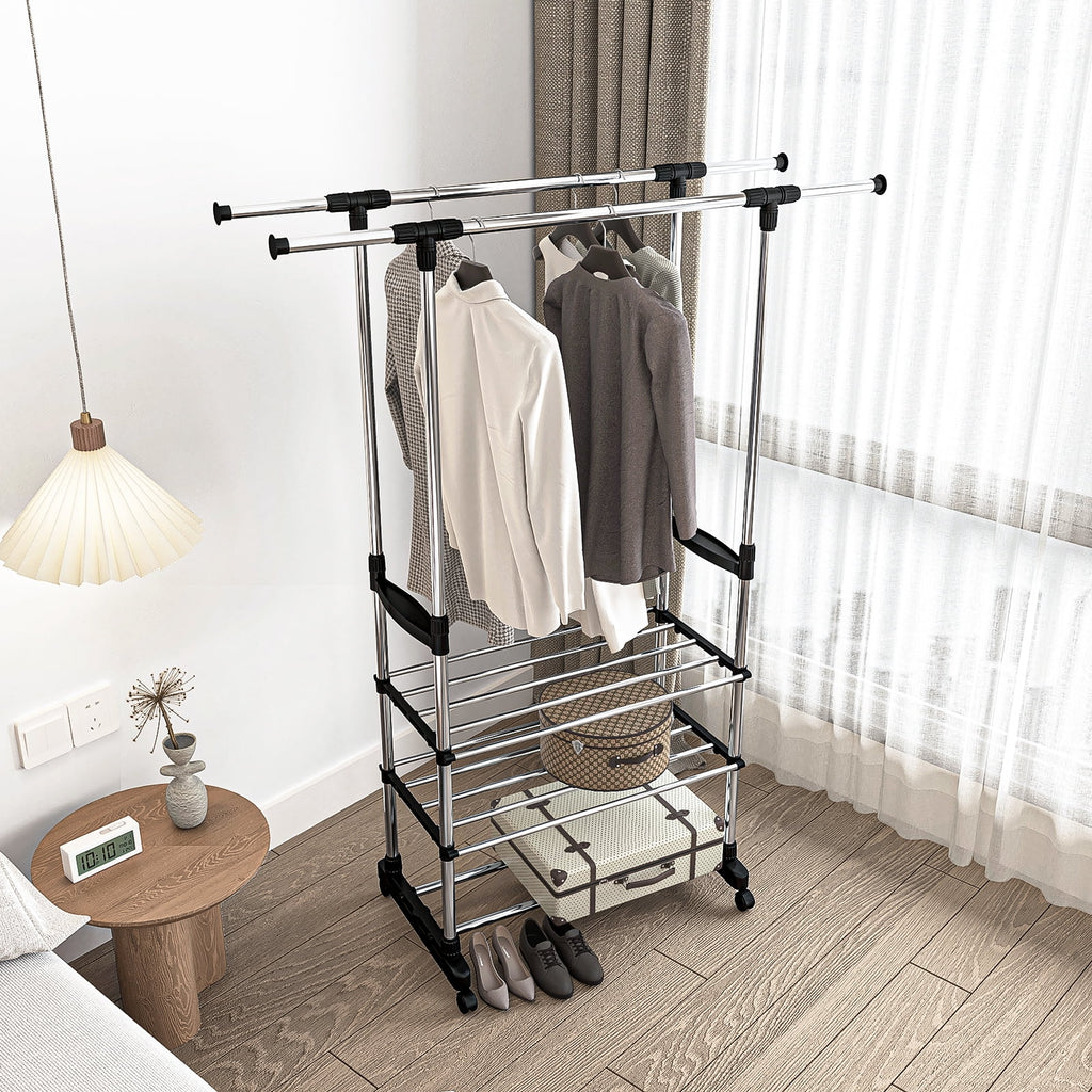 Adjustable Garment Rack with 2 Tier Metal Shelf, Rolling Clothes Organizer Q666191