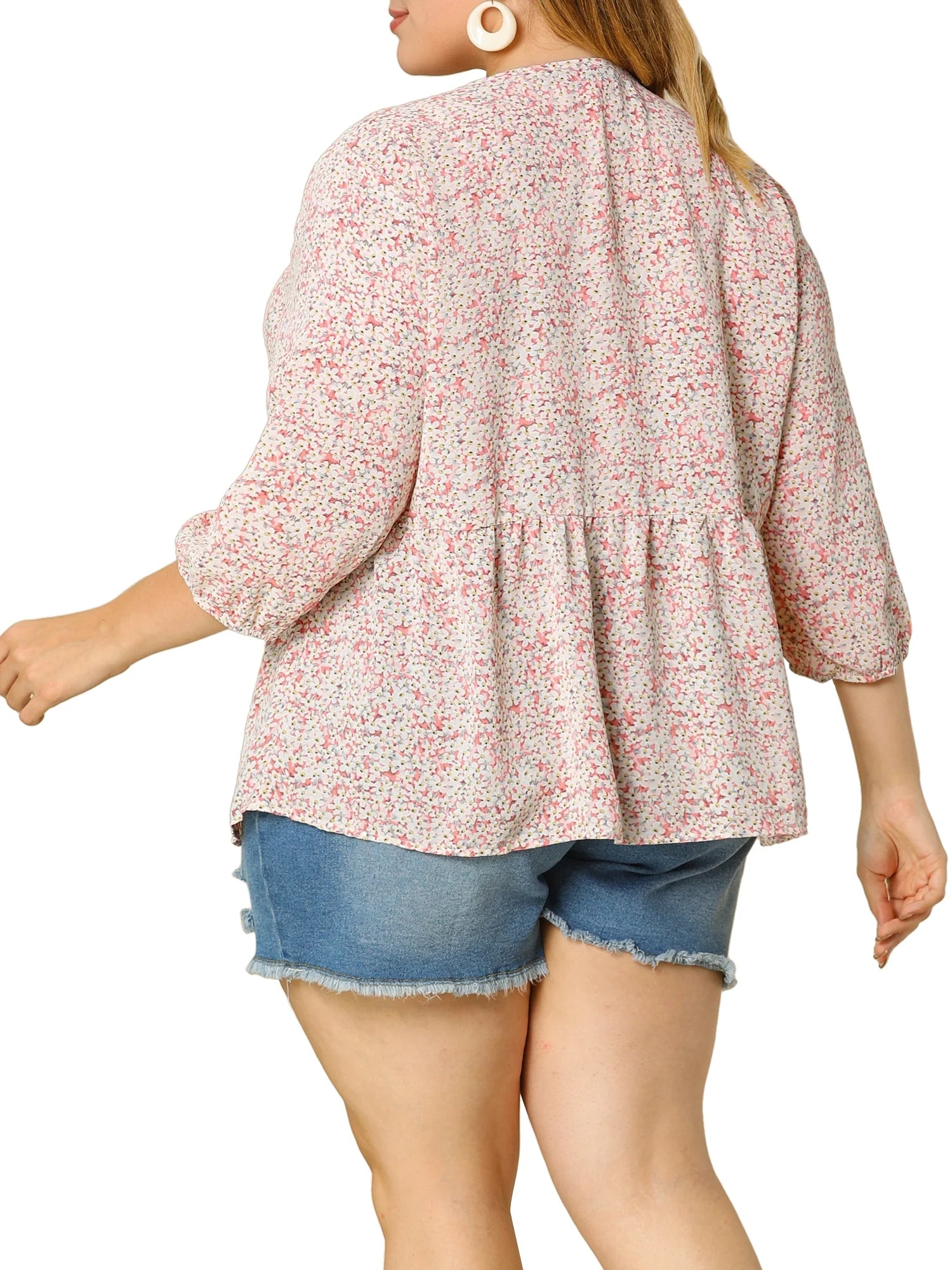 Plus Size Babydoll Floral 3/4 Sleeve Peplum Blouse K842961
