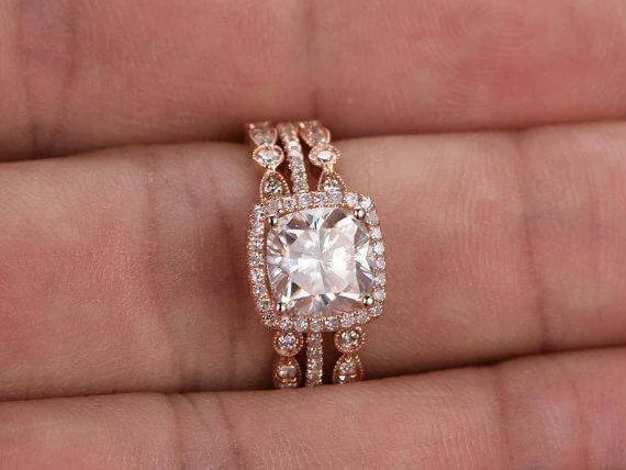 Cushion Moissanite Trio Wedding Set with 18k Gold Plating B27057