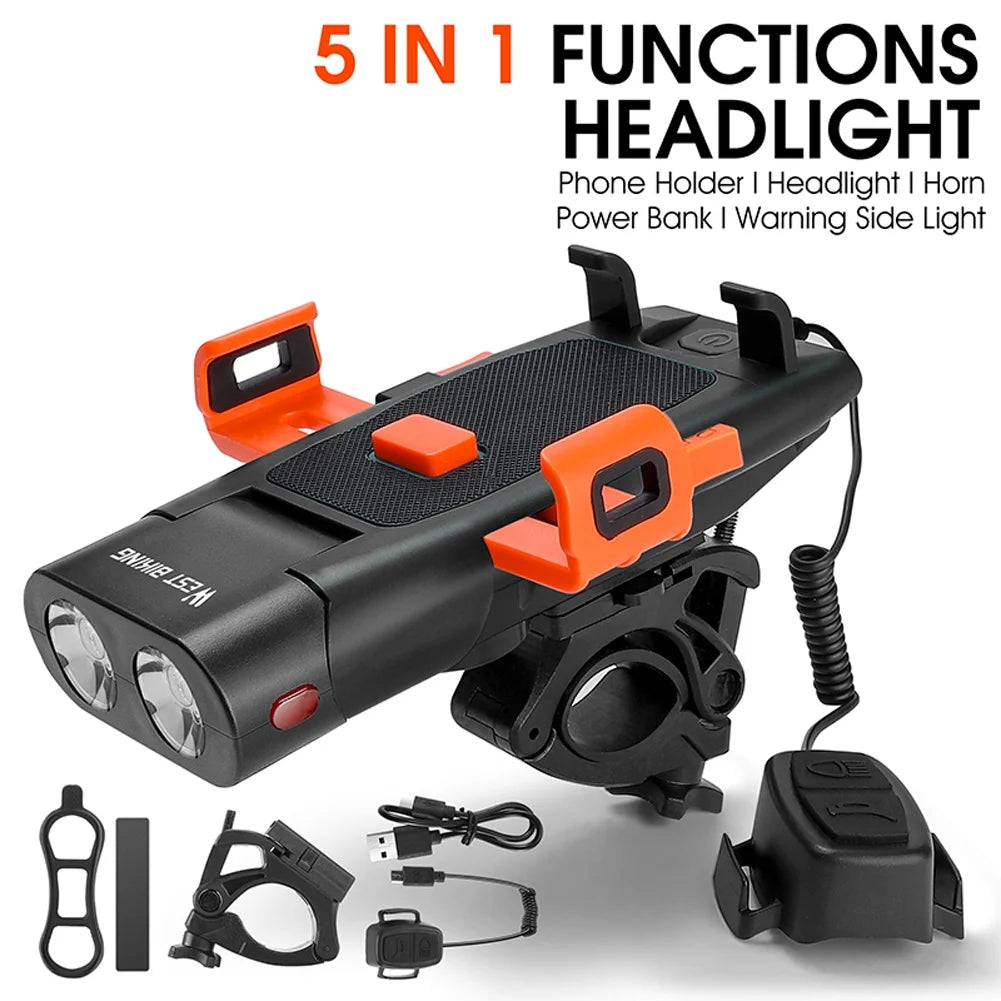 5in1 Bike Front Bracket Lamp Horn Mobilephone Holder Warning Bell Powerbanks USB Rechargeable Cycling Accessories H29687