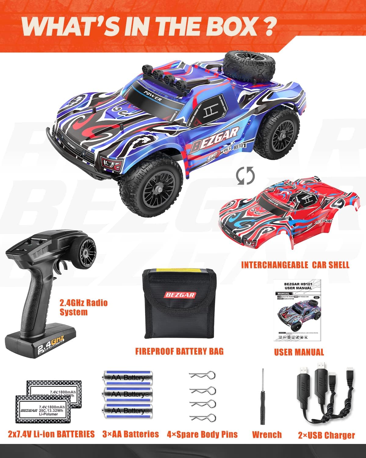 1:10 Scale 4WD Remote Control Electric Off Road RC Monster Truck with 2 Rechargeable Batteries R212