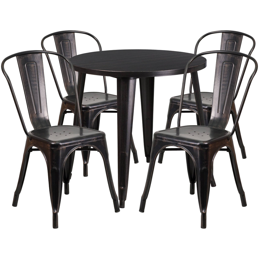 Round Black-Antique Gold Metal Table Set with 4 Cafe Chairs O40128