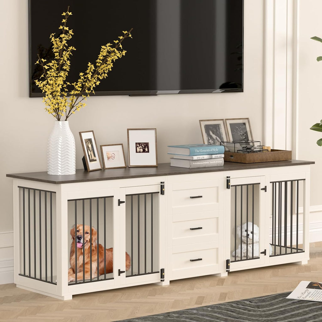White Wooden Double Dog Kennel with 3 Drawers H60639