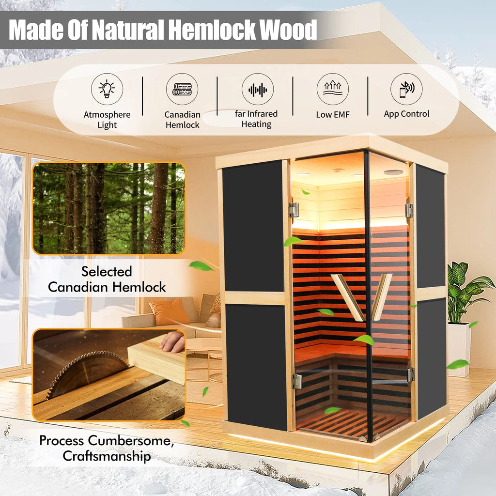 Infrared Sauna 1980W Wooden Hemlock Wood Low-EMF Indoor Saunas with APP Control for Two Person Q2409