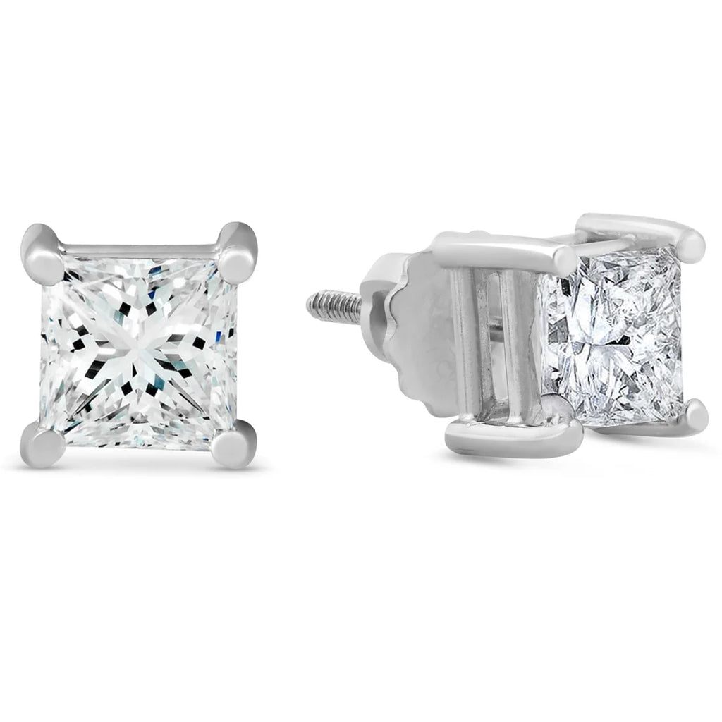 14k White Gold Princess Cut Diamond Screw Back Studs V957