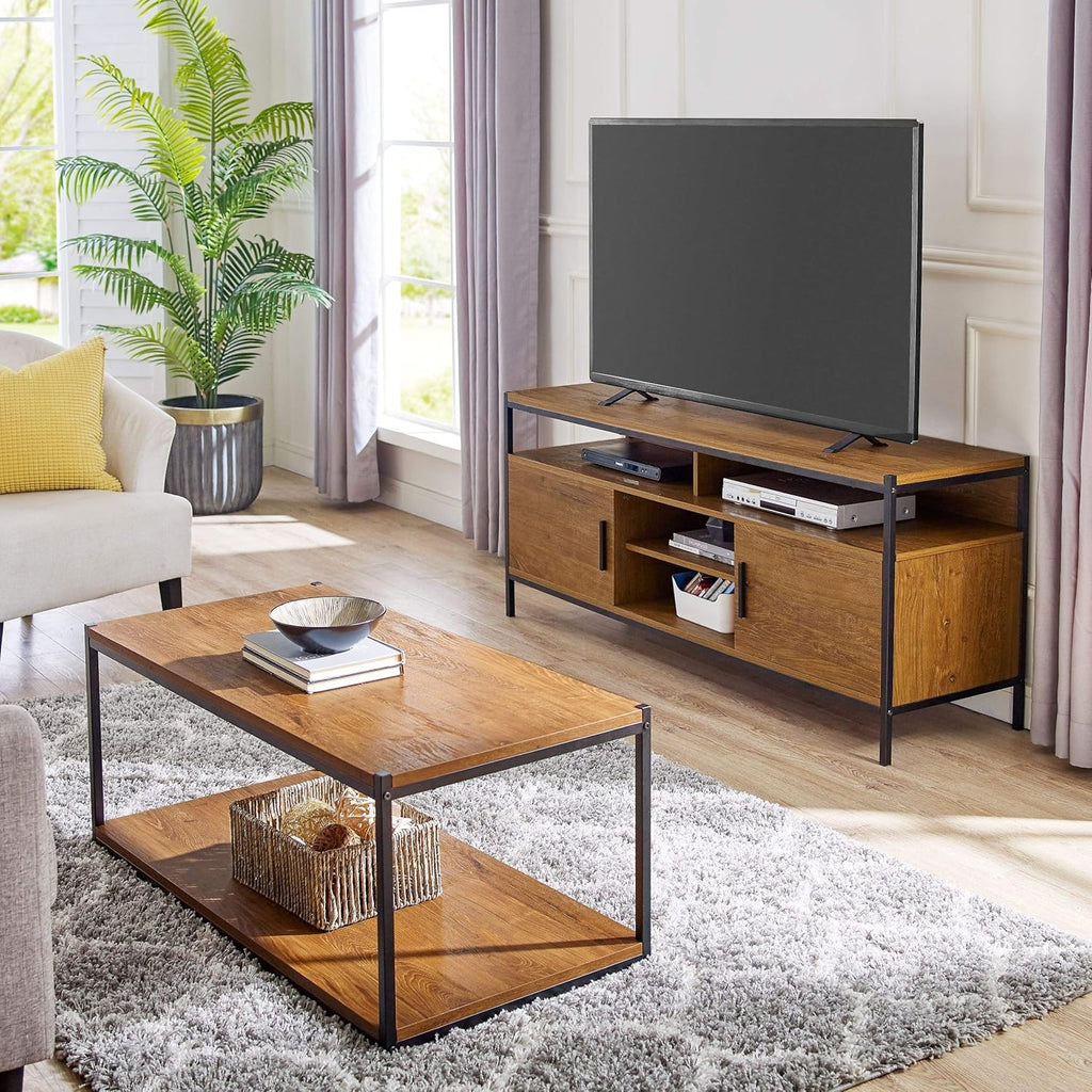 Brown Oak Wood Look Entertainment Center with Two Doors and Storage Shelves Z9616