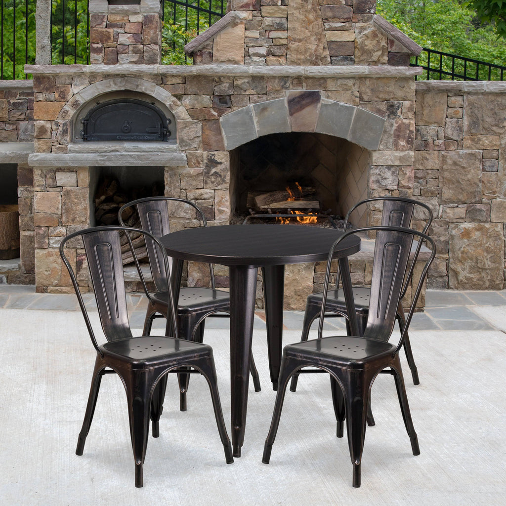 Round Black-Antique Gold Metal Table Set with 4 Cafe Chairs O40128