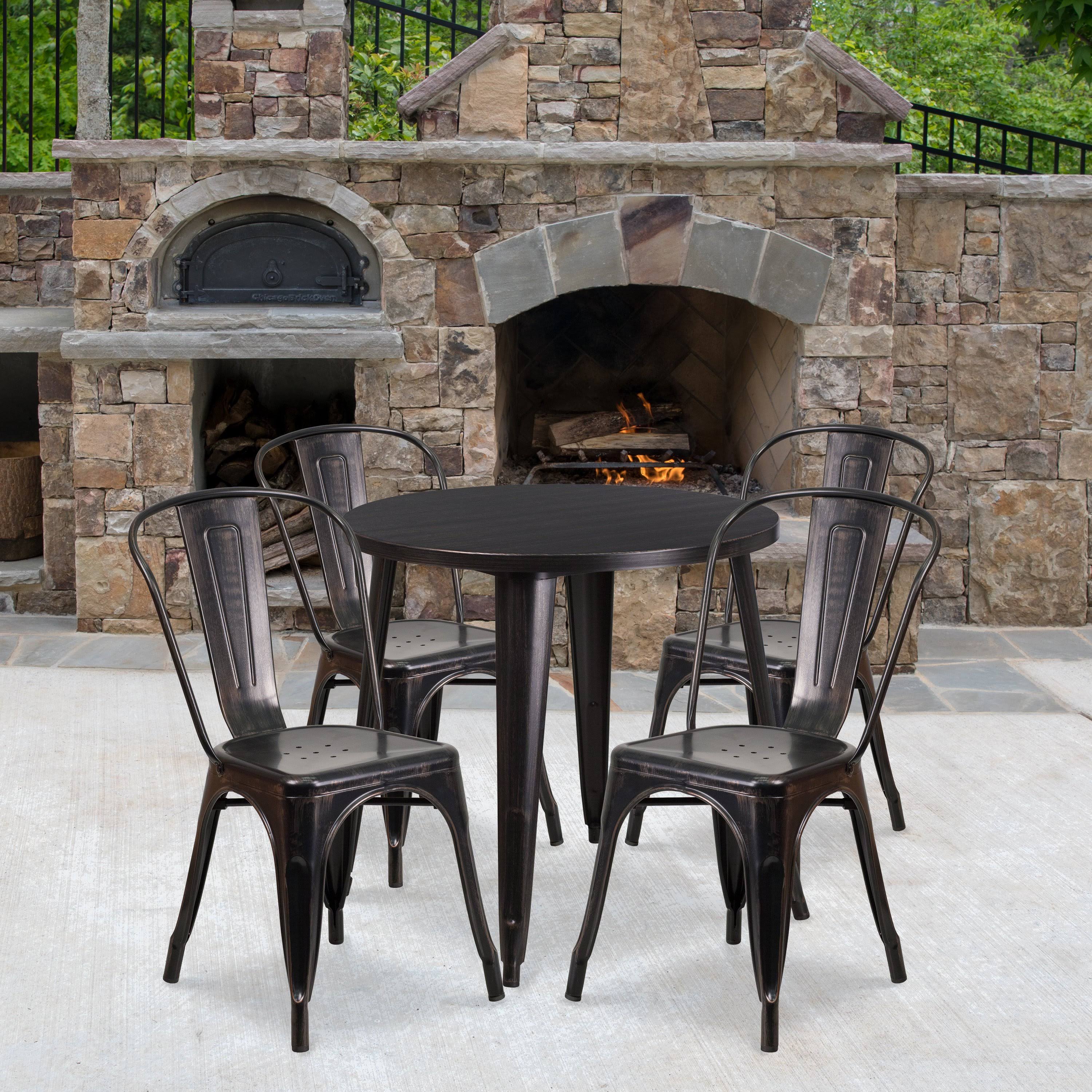 Round Black-Antique Gold Metal Table Set with 4 Cafe Chairs O40128