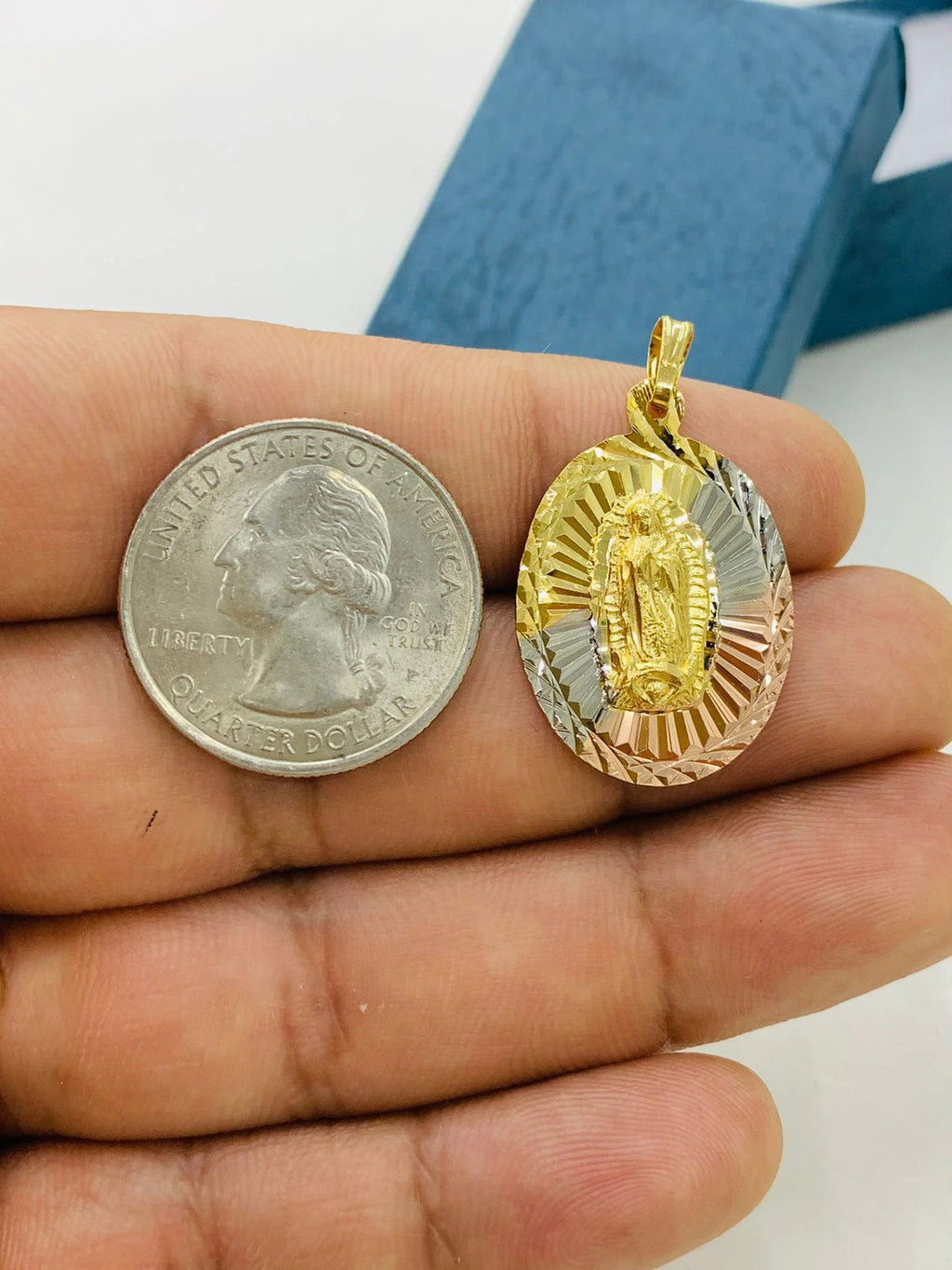 Tri Color Diamond Cut Virgen de Guadalupe Pendant Necklace Figaro Chain 20" Gold Filled O434176