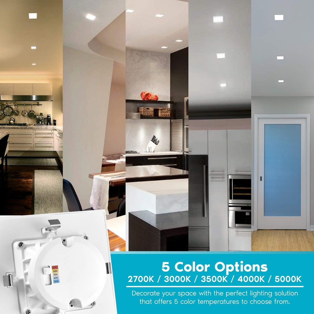 4 Inch Square Recessed LED Can Lights, Selectable CCT, Dimmable, 750 Lumens, CRI 90, Wet Rated (4 Pack) Z9111