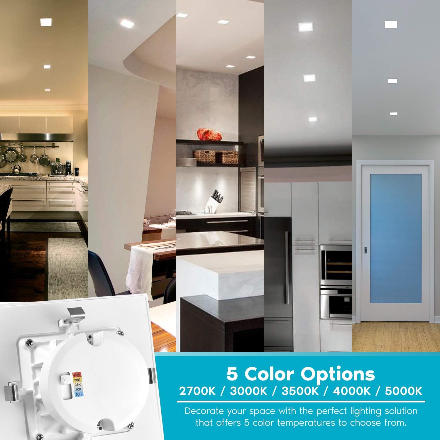 4 Inch Square Recessed LED Can Lights, Selectable CCT, Dimmable, 750 Lumens, CRI 90, Wet Rated (4 Pack) Z9111