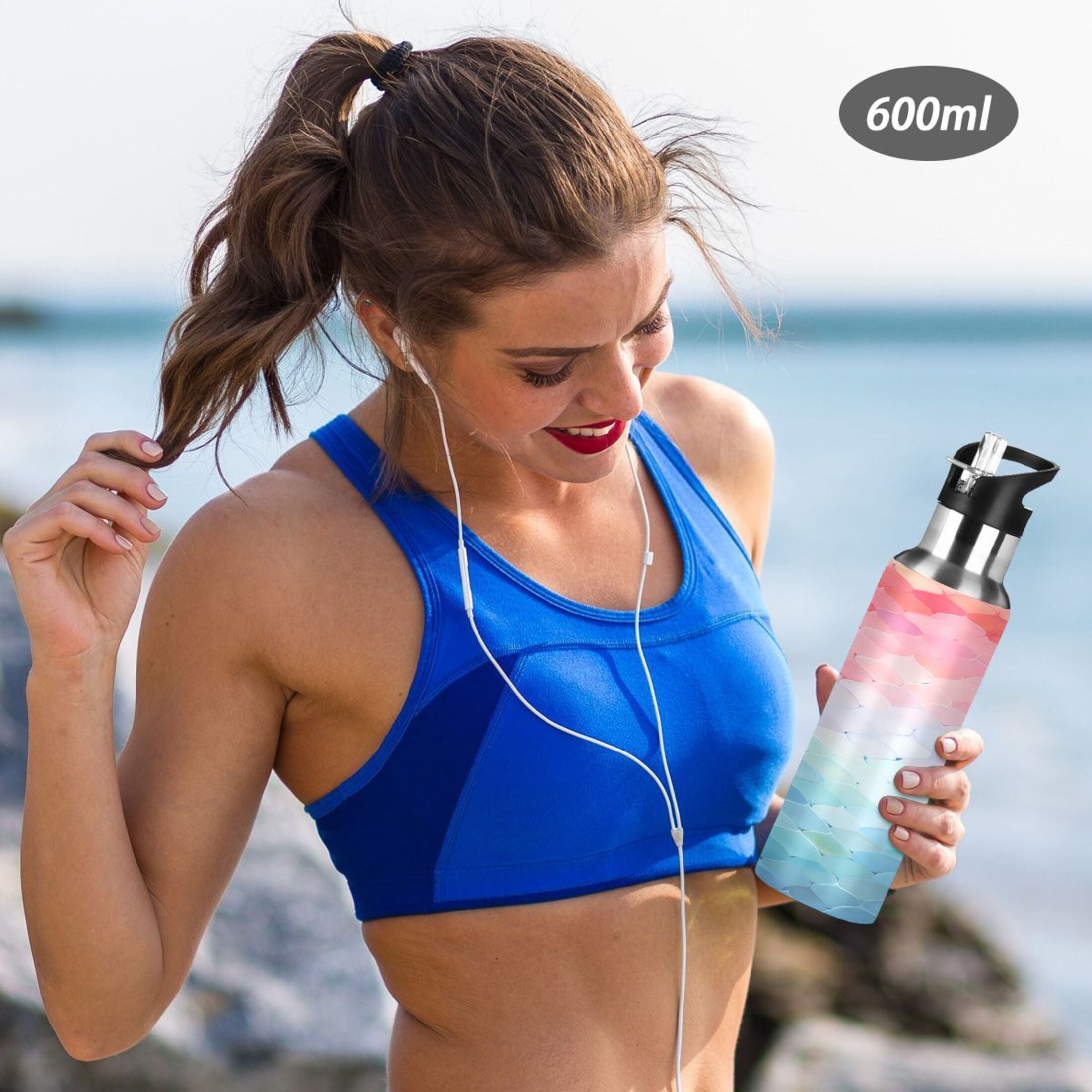 Blue and Pink Pattern Stainless Steel Insulated Water Bottle with Straw Lid Q4546