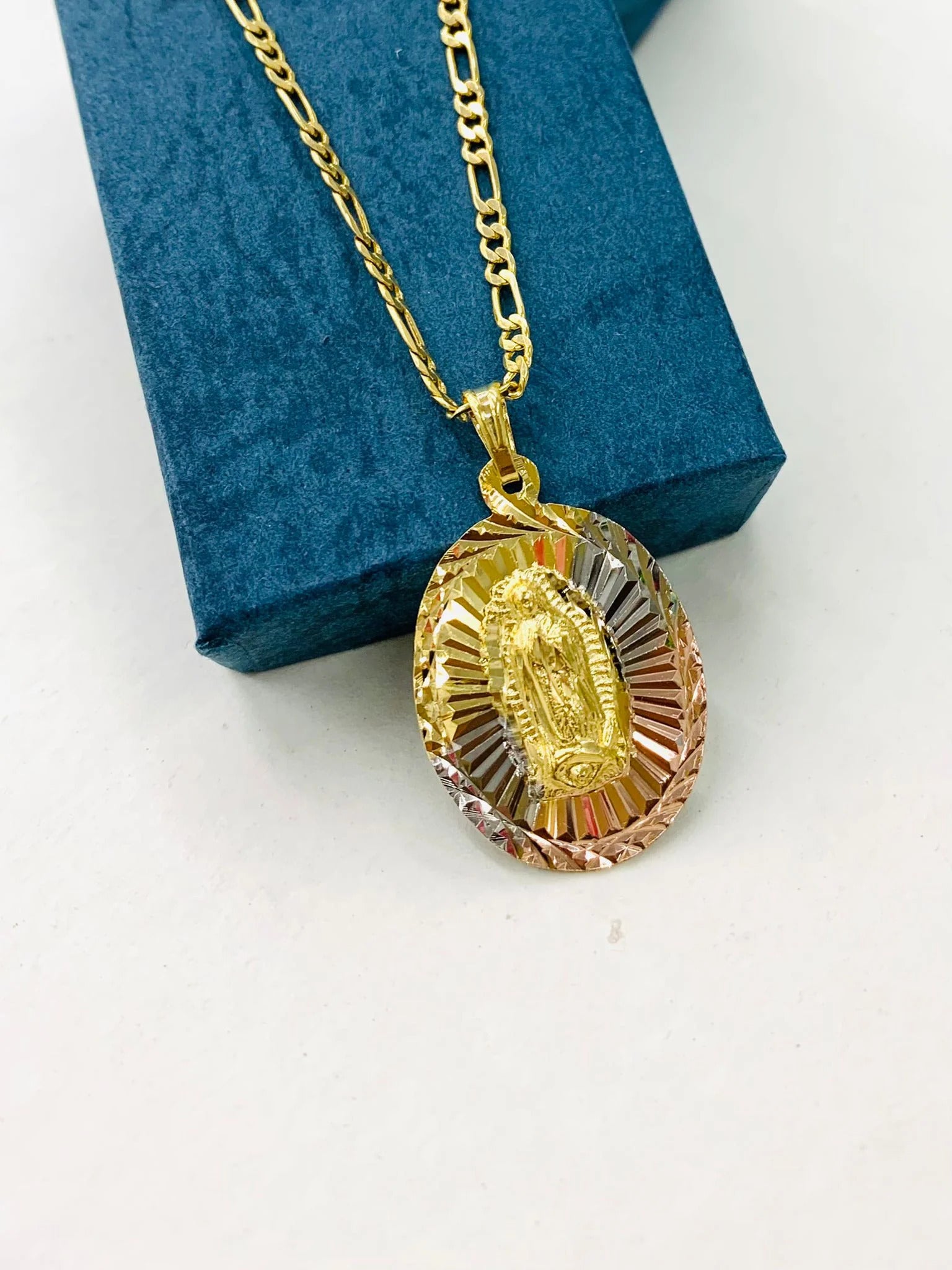 Tri Color Diamond Cut Virgen de Guadalupe Pendant Necklace Figaro Chain 20" Gold Filled O434176