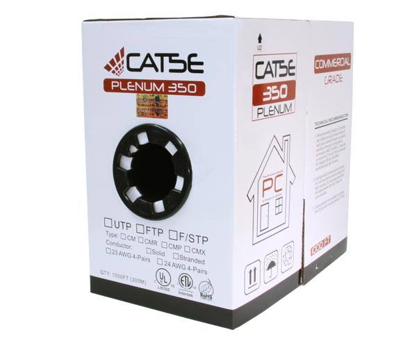 Cat5e Plenum Bulk Ethernet Cable, Solid Copper UTP, 24 AWG 1000ft, Black F618