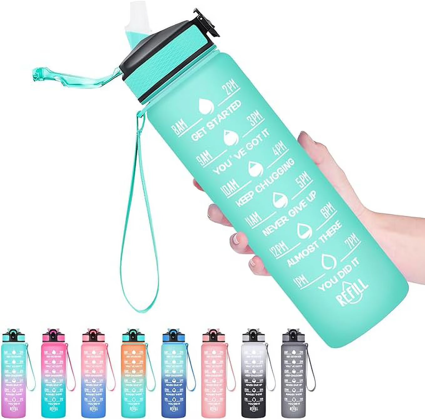 32 oz Motivational Water Bottle with Straw, Time Marker, Leakproof BPA Free O727