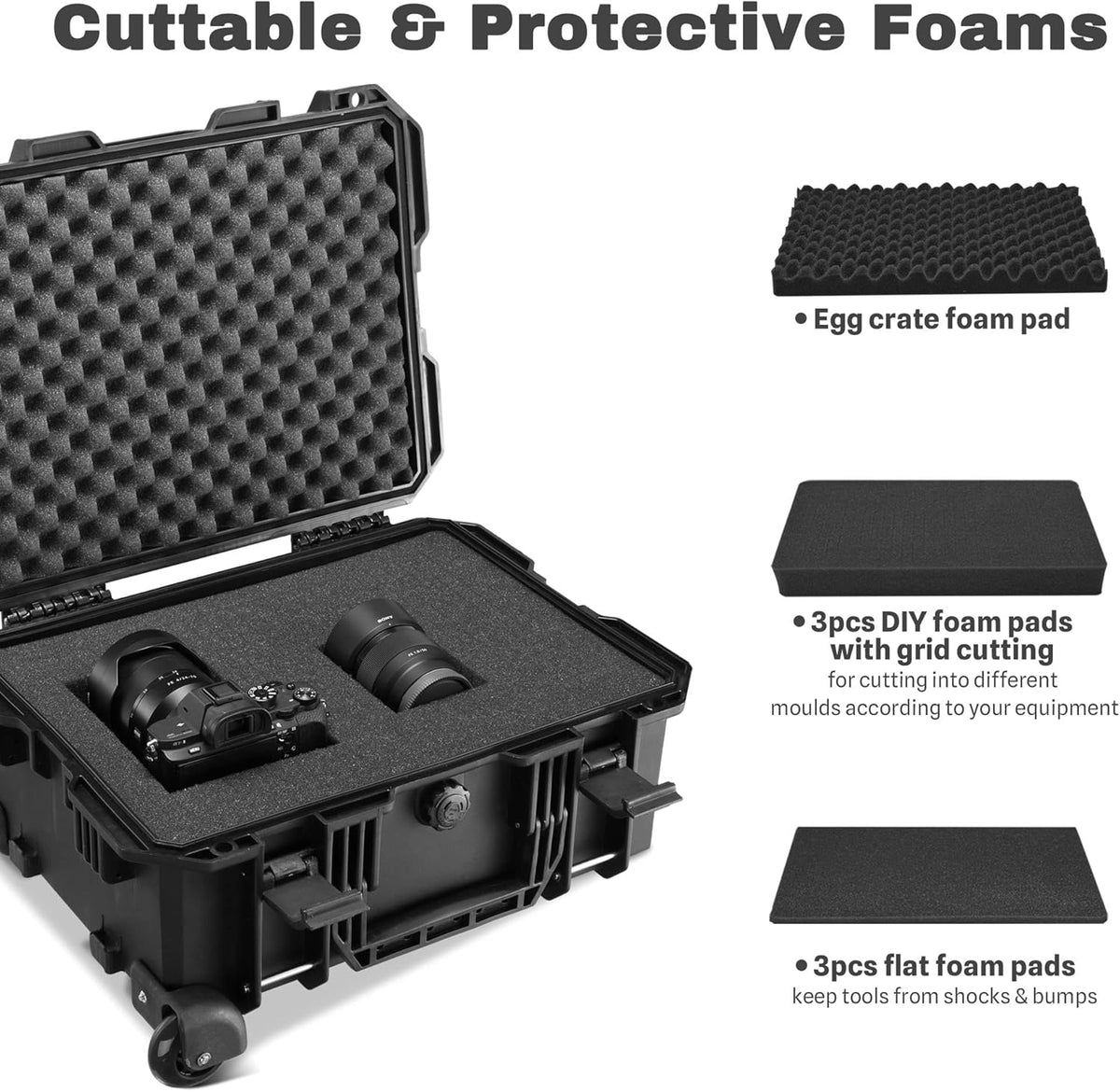 Black Rolling Waterproof Hard Camera Case with Wheels R266