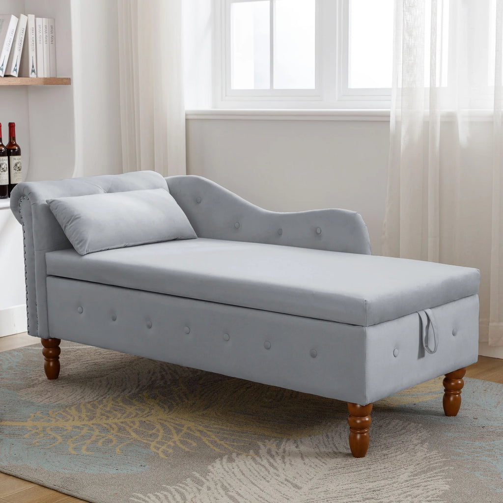 Grey Velvet Chaise Lounge with Storage and Pillow M4310