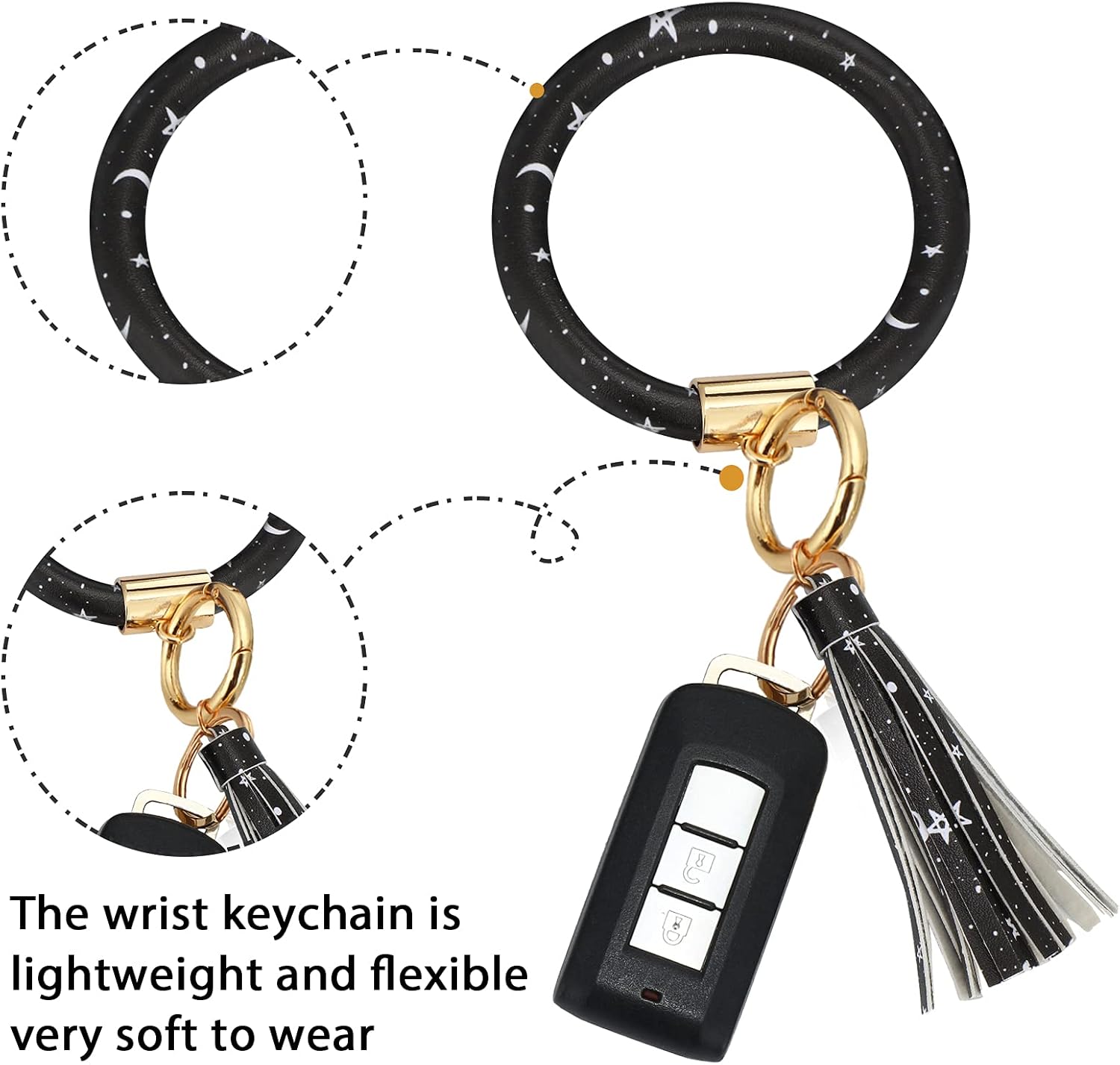 Black Moons White Stars Print Car Accessories Set Steering Wheel Cover with 2 Pieces Car Coasters and Leather Keyring V5042