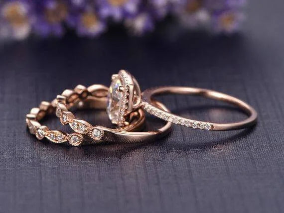 Cushion Moissanite Trio Wedding Set with 18k Gold Plating B27057