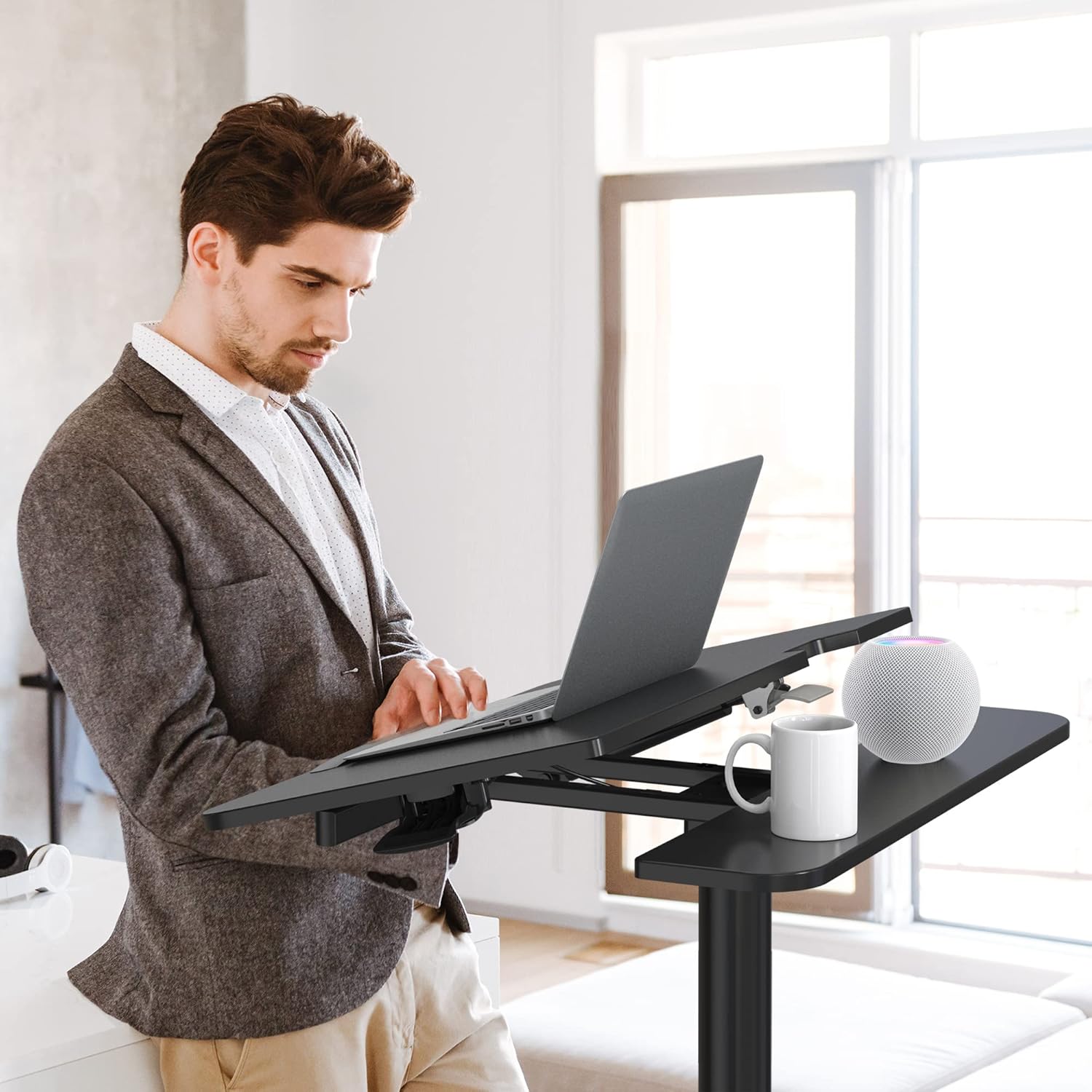 Black Mobile Standing Desk with Split Top Tilting Tray and Brake Casters D860