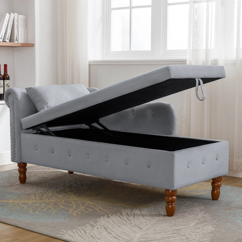Grey Velvet Chaise Lounge with Storage and Pillow M4310
