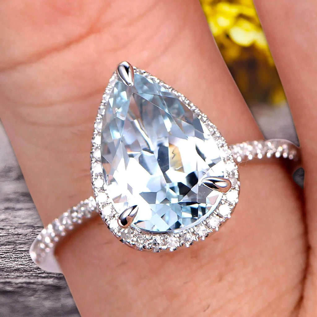 Pear Shaped Aquamarine Engagement Ring 10k White Gold Halo Setting R9062