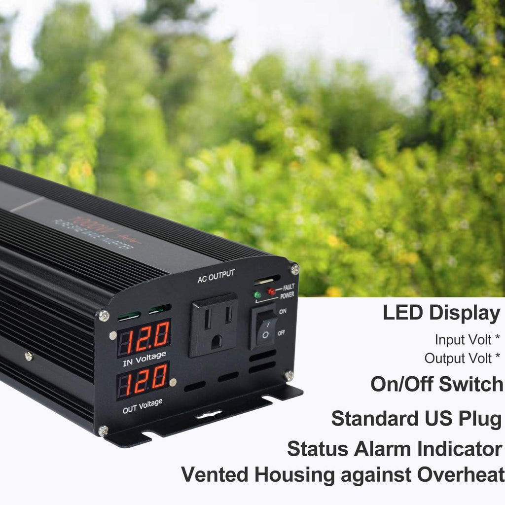 Pure Sine Wave Power Inverter 1000W 12V DC to AC 120V Surge 2000 Watt with LED Display S32427