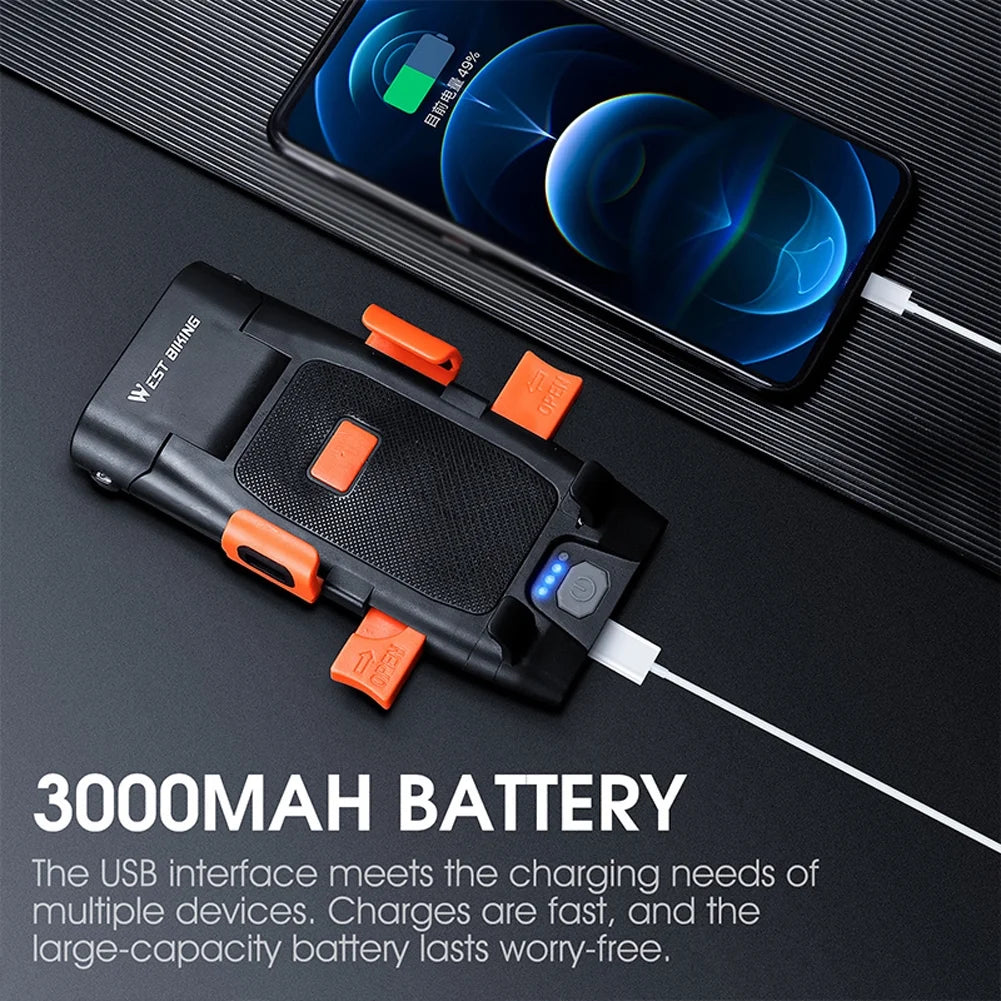 5in1 Bike Front Bracket Lamp Horn Mobilephone Holder Warning Bell Powerbanks USB Rechargeable Cycling Accessories H29687