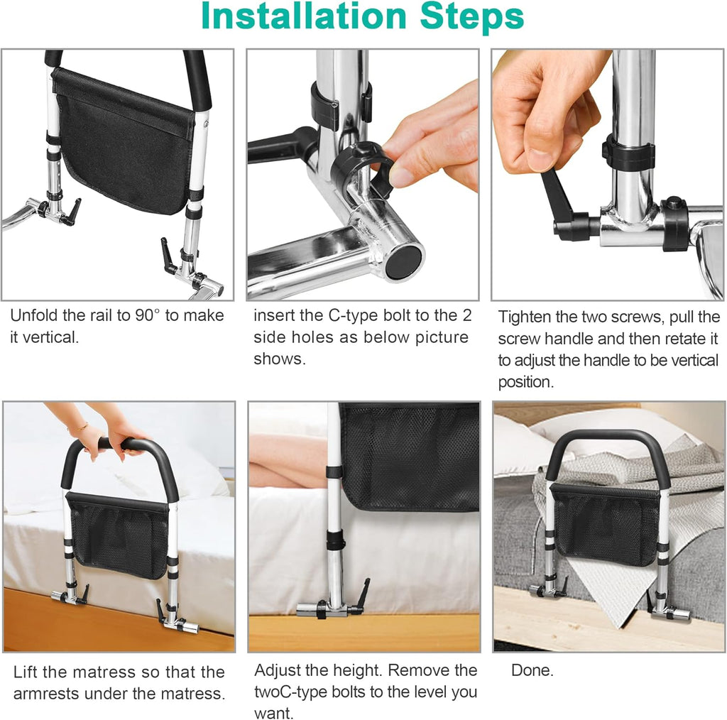 Bed Assist Rail with Fall Prevention Guard, Adjustable Height, Storage Pocket & Tablet Phone Holder, Pack of 2 C278