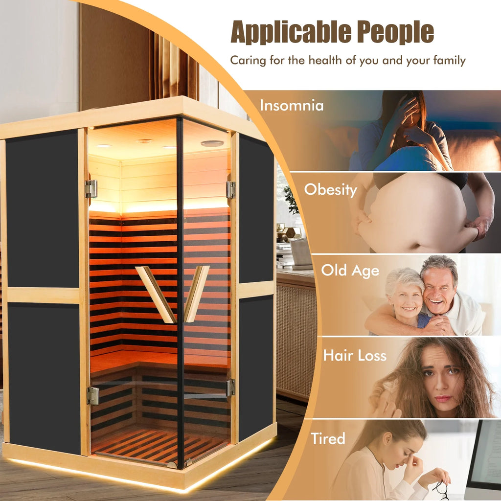 Infrared Sauna 1980W Wooden Hemlock Wood Low-EMF Indoor Saunas with APP Control for Two Person Q2409