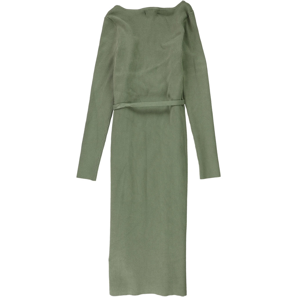Green Tie Long Sleeve Tea-Length Wrap Dress R890988