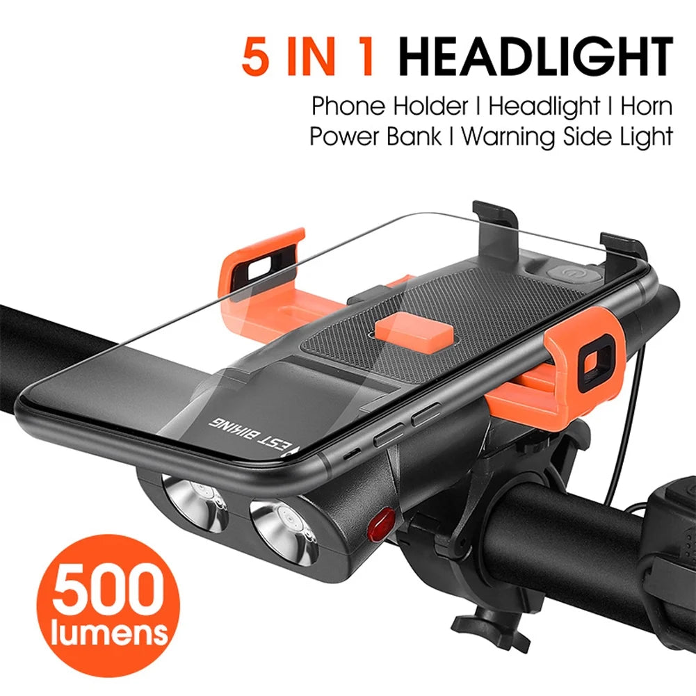 5in1 Bike Front Bracket Lamp Horn Mobilephone Holder Warning Bell Powerbanks USB Rechargeable Cycling Accessories H29687