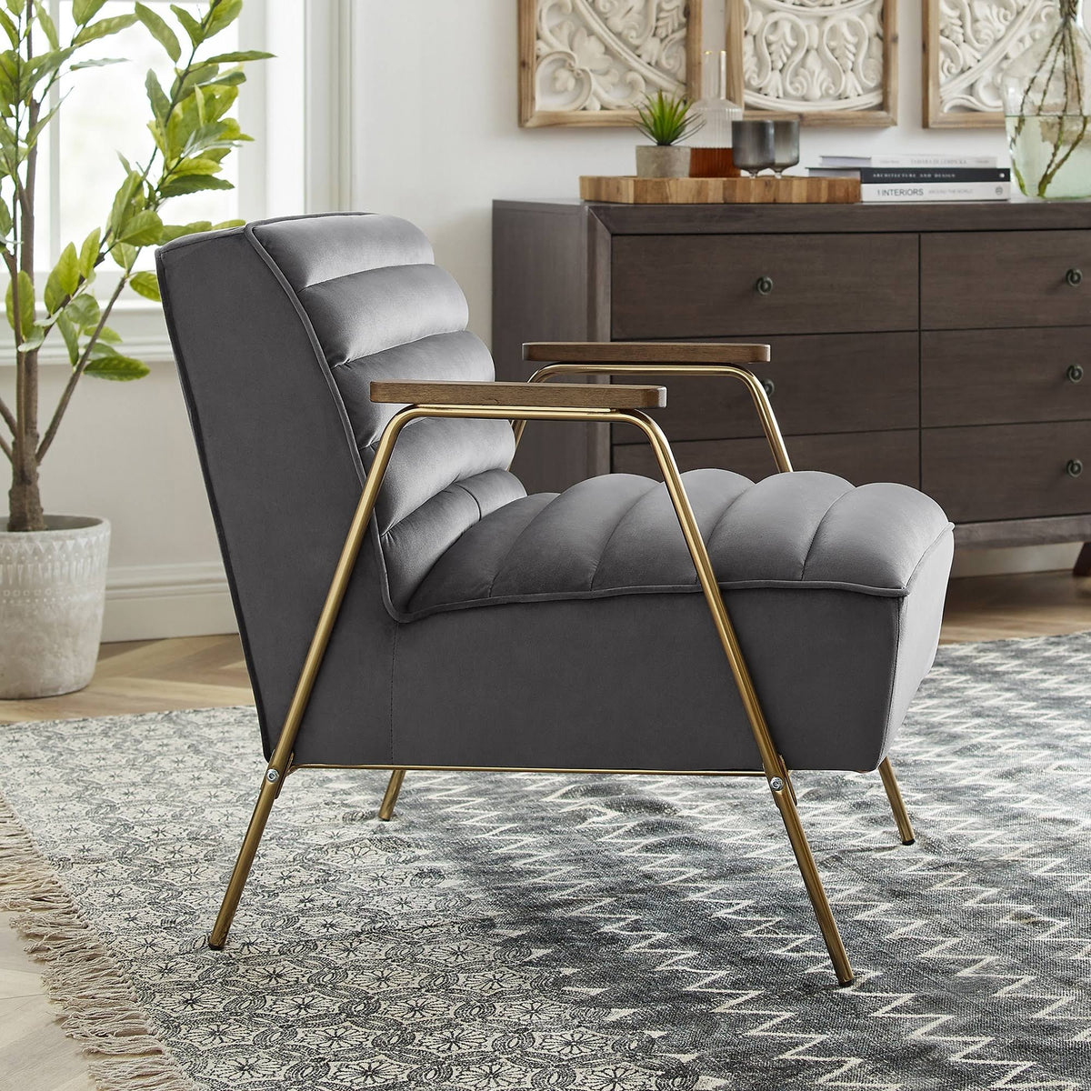 Velvet Ribbed Accent Chair with Metal Frame C356