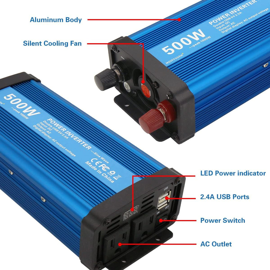 500W Pure Sine Wave Power Inverter DC 12V to 110V AC with 2.4A Dual USB W6241