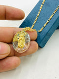 Tri Color Diamond Cut Virgen de Guadalupe Pendant Necklace Figaro Chain 20" Gold Filled O434176