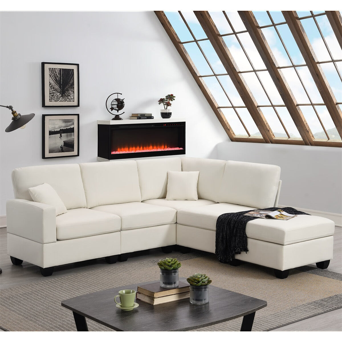 Modular Linen Fabric Sectional Sofa with Ottoman and 2 Pillows U508567