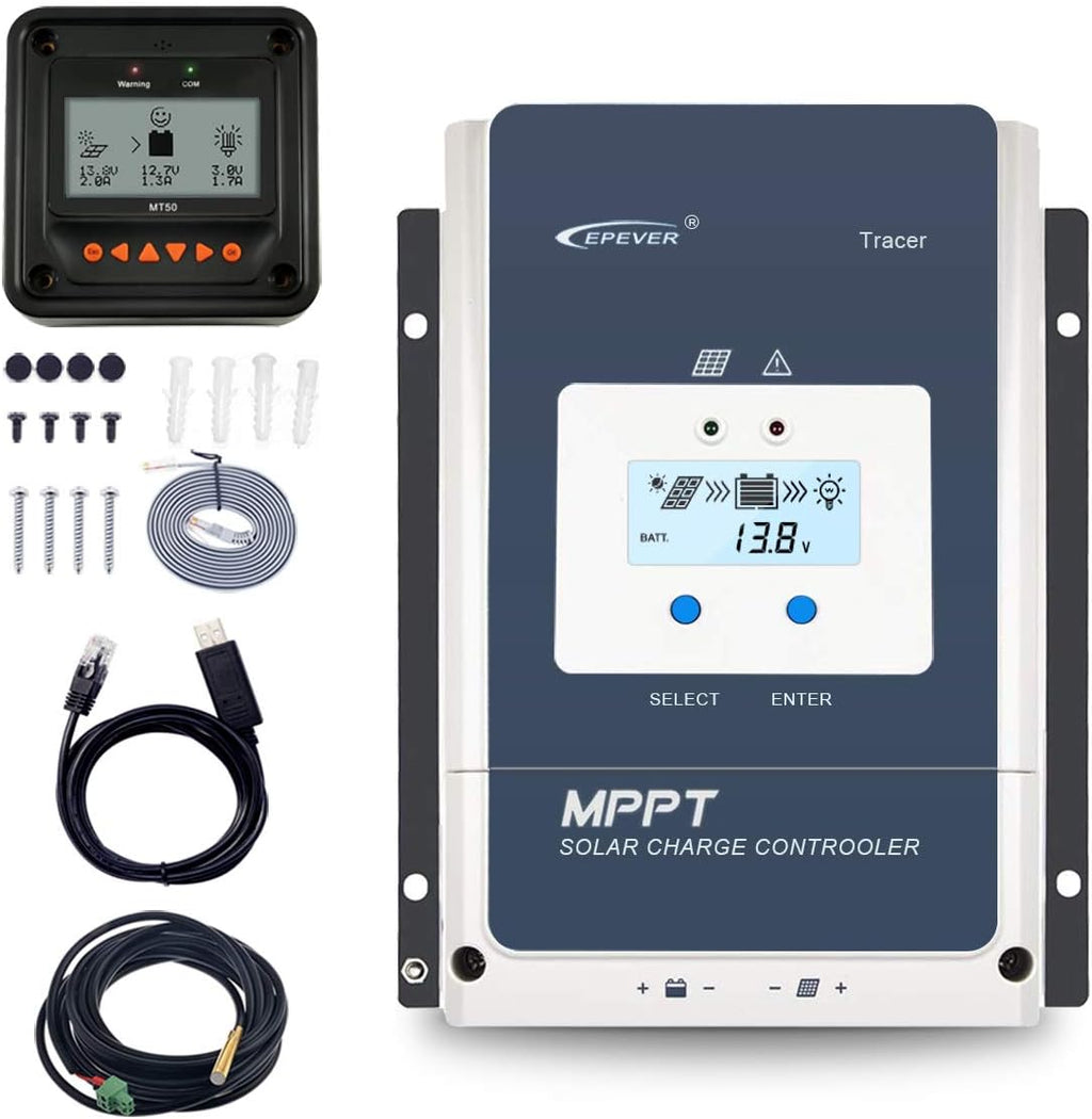 80A MPPT Solar Charge Controller 12V/24V/36V/48V Auto Max.PV 150V Input Negative Ground with MT50 Remote Meter Temperature Sensor RTS & PC Communication Cable RS485 U63752