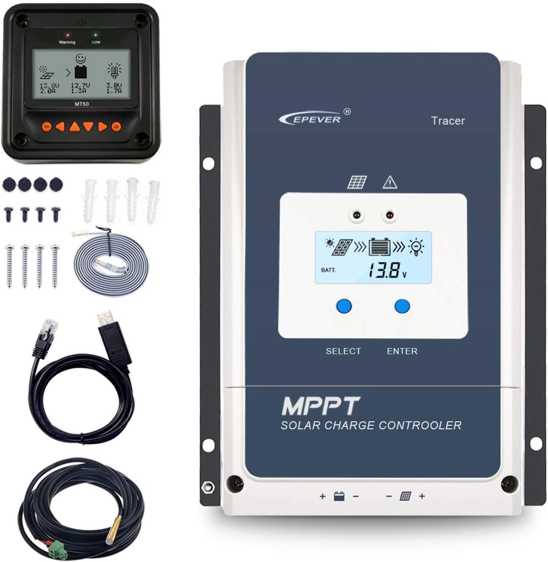 80A MPPT Solar Charge Controller 12V/24V/36V/48V Auto Max.PV 150V Input Negative Ground with MT50 Remote Meter Temperature Sensor RTS & PC Communication Cable RS485 U63752